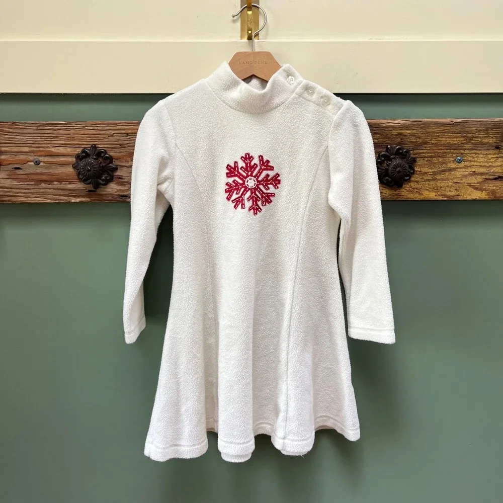 Hanna Andersson Girls‎ Cream Fleece Snowflake Dress Mock Neck Size 110 5T 5 6